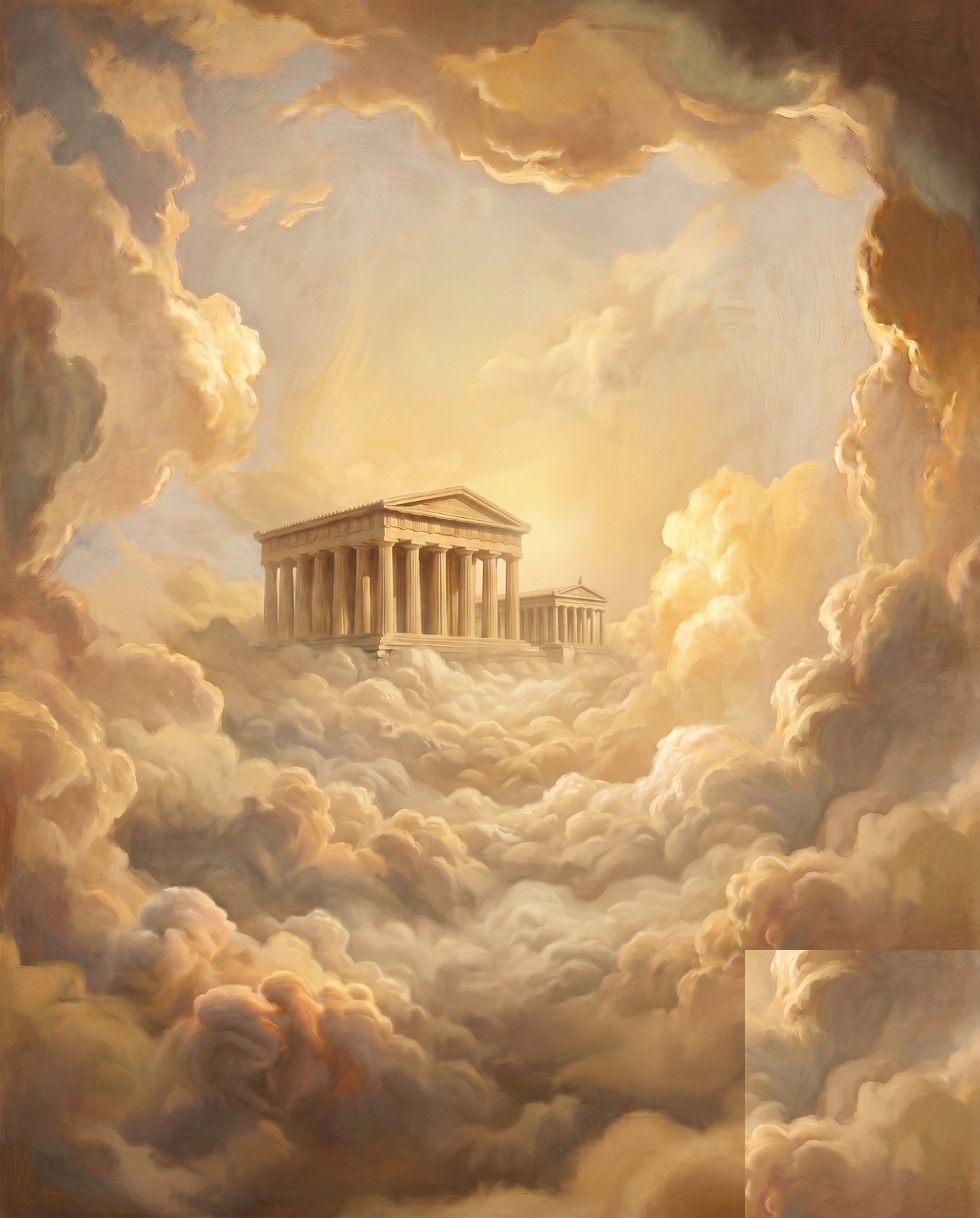 A sunlit Olympian cloudscape with a distant temple
